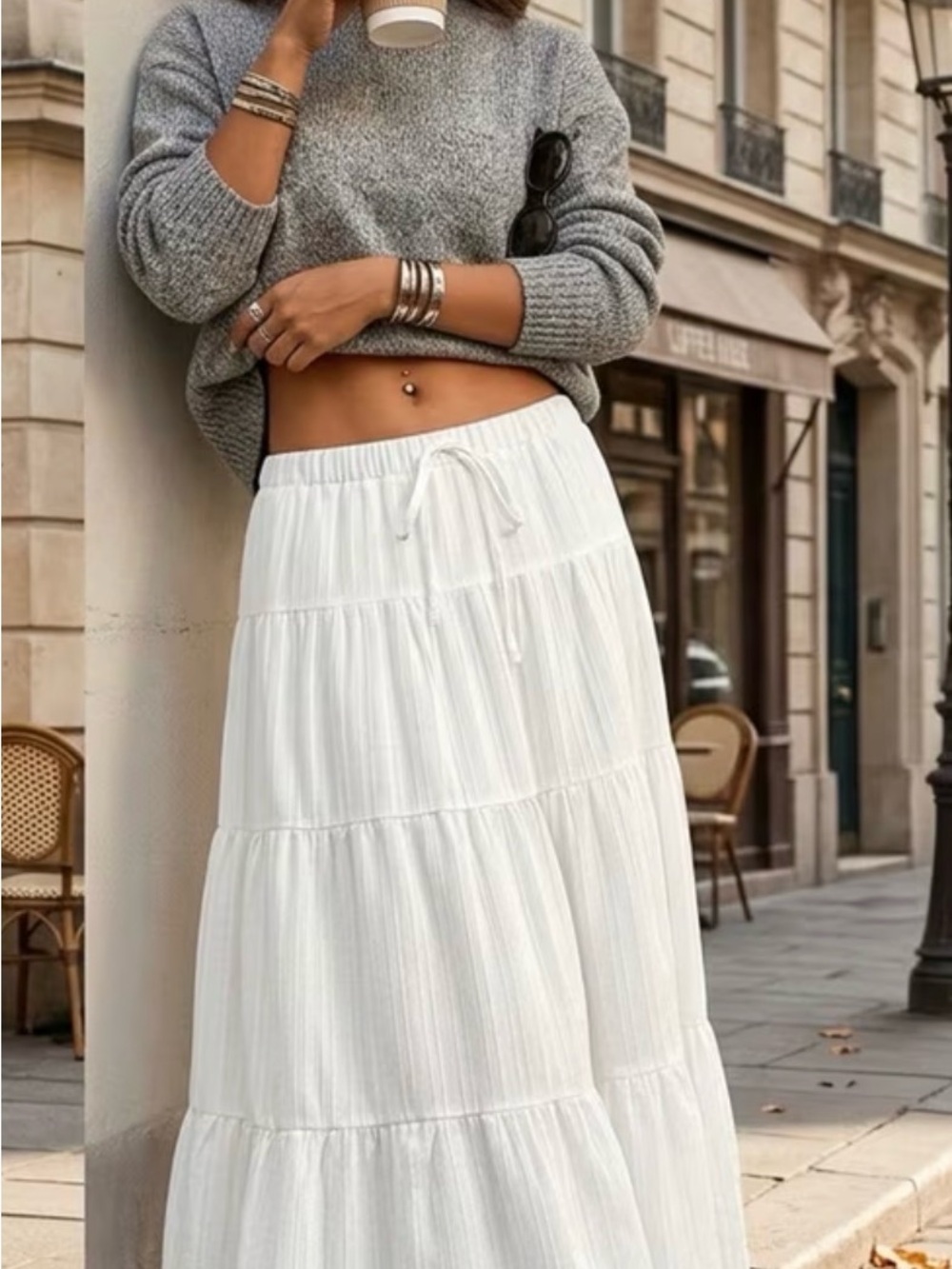 Women's White Tiered Maxi Skirt / L-XL
